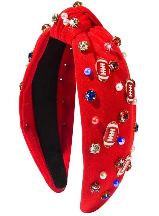 Gosuoa Football Headband for Women, Football Mom Essentials Accessories Pearl Rhinestone Knotted Headband - Image 1